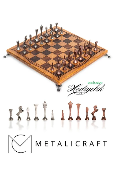 MC55 Metal Satranç Takımı | Gerçek Kayın Ağacı Satranç Tahtası - 30x30cm | Antik Taşlar