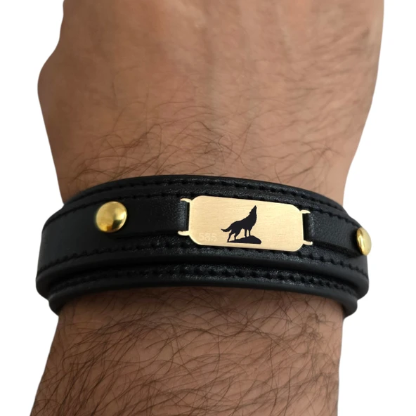 14 Ayar Altın Plakalı Sembole Özel Oval Figürlü Hakiki Siyah Derili Hediye Bileklik-564 - Resim 3