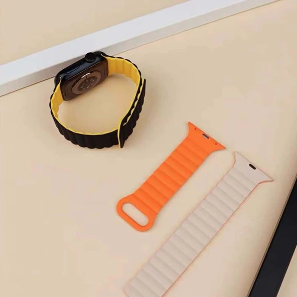 Sneezy Huawei Watch GT4 46mm İle Uyumlu 22mm Harmony Duo Magnetik Silikon Kordon Turuncu - 5