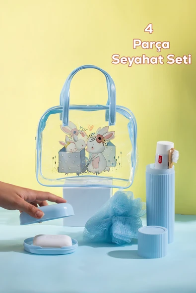 Porsima 3144 Tavşan Figürlü Seyahat Seti - Diş Fırçası Kutusu Banyo Lifi Sabun Kutusu Seyahat Çantası Mavi - 2