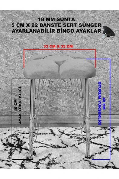 Kare Beyaz Boyalı Telli Ayaklı Tabure - Oturak - Bar Taburesi - Ayaklı Tabure Gri Renk 33 x 48 Boyut/Ebat - Resim 5
