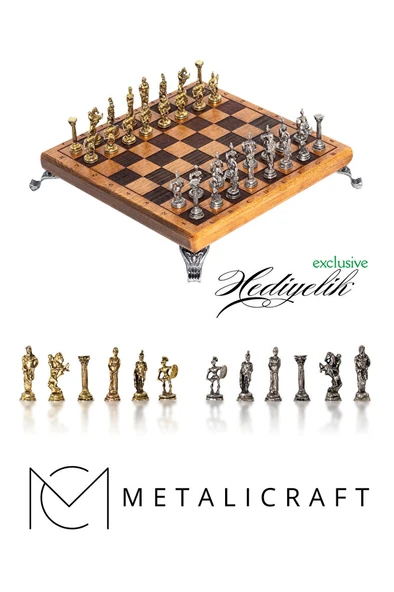 MC59 Bizans Figürlü El Yapımı Metal Satranç Takımı – Kayın Ağacı Satranç Tahtası - Lüks Hediyelik