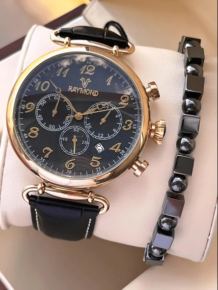 Raymond Nişan Ve Damatlara Özel Deri Kordon 2 Yıl Garantili 5 Atm Erkek Kol Saati+Bileklik RMD.39 ürün görseli 1