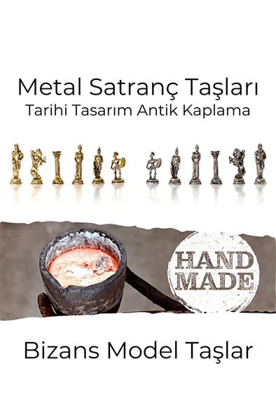 MC59 Bizans Figürlü El Yapımı Metal Satranç Takımı – Kayın Ağacı Satranç Tahtası - Lüks Hediyelik - 5