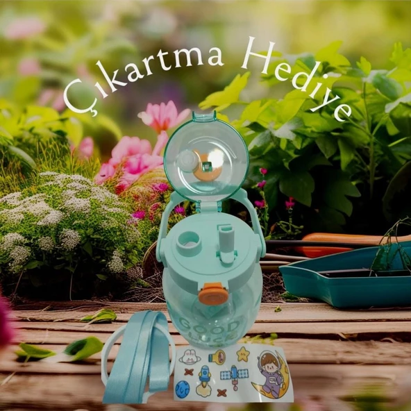 Maskotlu,Çıkartma Hediyeli, Boyun Askılıklı, Ithal Lüx Yeşil Matara/suluk 1100 ml - 2