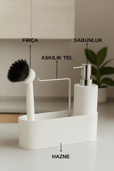 Beyaz Fırçalı Sabunluk - Mutfak,Lavabo Düzenleyici Seti,Organizer - 2
