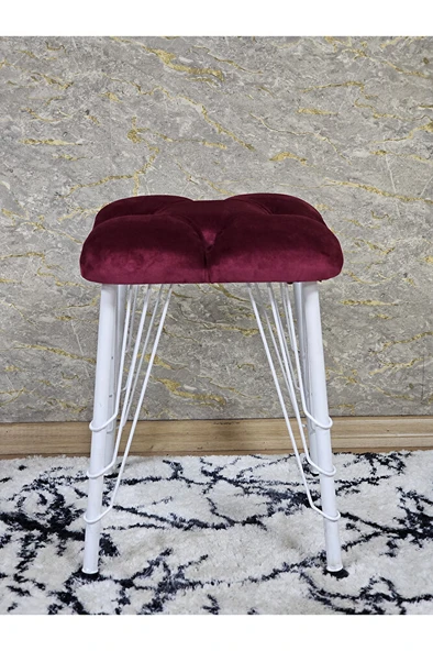 Kare Beyaz Boyalı Telli Ayaklı Tabure - Oturak - Bar Taburesi - Ayaklı Tabure Bordo Renk 33 x 48 Boyut/Ebat - Resim 2