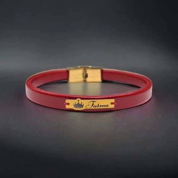 14 Ayar Altın Plakalı İsme Özel Taç Motifli Koyu Kırmızı Derili Hediye Bileklik-567 ürün görseli