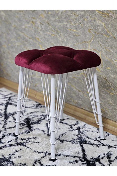 Kare Beyaz Boyalı Telli Ayaklı Tabure - Oturak - Bar Taburesi - Ayaklı Tabure Bordo Renk 33 x 48 Boyut/Ebat - Resim 4
