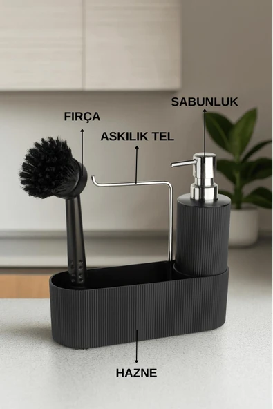Siyah Çok Amaçlı Sabunluk Mutfak Lavabo Düzenleyici Set-Plastik Çizgili Sabunluk - Resim 2