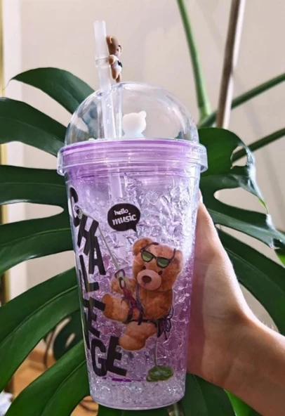 HEDİYELİK IŞIKLI BARDAK MATARA PİPETLİ ÇİFT KATMANLI MOR RENK AYICIKLI