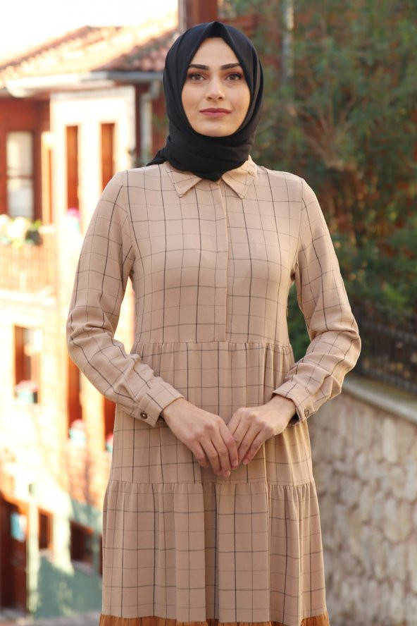 Çizgi Detaylı Tesettür Elbise - Vizon - 2