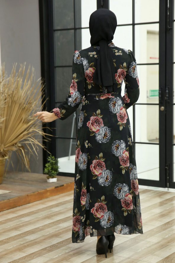 Çiçek Desenli Tesettür Elbise - Siyah - 3