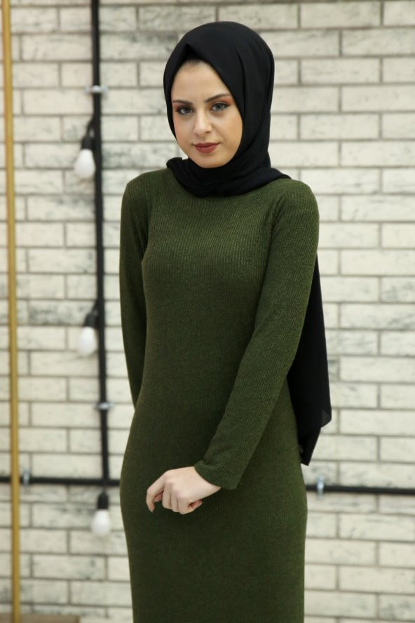 Fitilli Kumaş Tesettür Elbise - Haki - 2