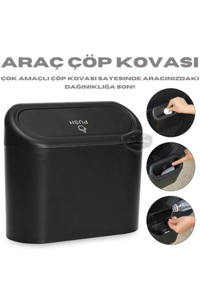 Araç İçi Çöp Kovası Portatif Taşınabilir Kapaklı Araba Çöp Kutusu Oto Organizer Düzenleyici Siyah - Resim 2