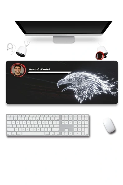 SonicTouch Kişiye isme Özel Kartal Figürlü Siyah Beyaz Fotoğraflı XXL Dikişsiz Gamer Klavye Mousepad 40x90cm ürün görseli