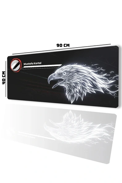 SonicTouch Kişiye isme Özel Kartal Figürlü Siyah Beyaz Fotoğraflı XXL Dikişsiz Gamer Klavye Mousepad 40x90cm - Resim 2