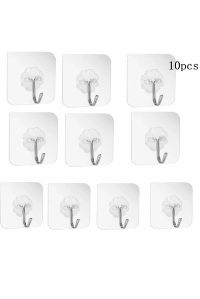 10 Adet 6x6cm Kendinden Yapışkanlı Şeffaf Güçlü Askı Kapı Duvar Askıları Ağır Yük Taşıma Askısı