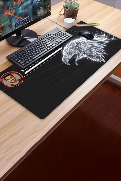 SonicTouch Kişiye isme Özel Kartal Figürlü Siyah Beyaz Fotoğraflı XXL Dikişsiz Gamer Klavye Mousepad 40x90cm - Resim 3
