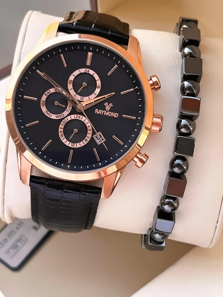 Raymond Nişan Ve Damatlara Özel Deri Kordon 2 Yıl Garantili 5 Atm Erkek Kol Saati+Bileklik RMD.41 ürün görseli