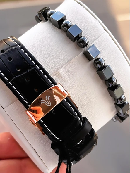 Raymond Nişan Ve Damatlara Özel Deri Kordon 2 Yıl Garantili 5 Atm Erkek Kol Saati+Bileklik RMD.40 - Resim 5