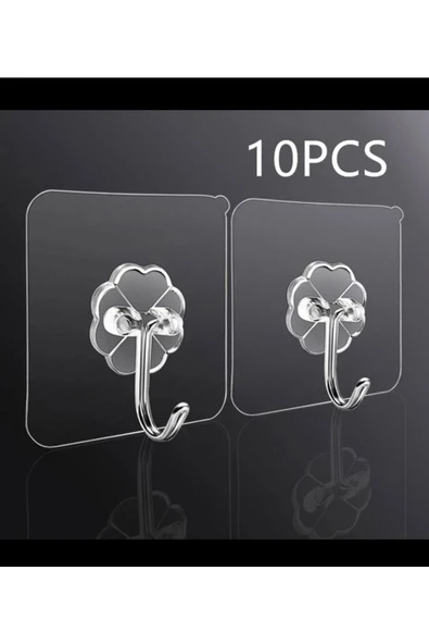 10 Adet 6x6cm Kendinden Yapışkanlı Şeffaf Güçlü Askı Kapı Duvar Askıları Ağır Yük Taşıma Askısı - 5