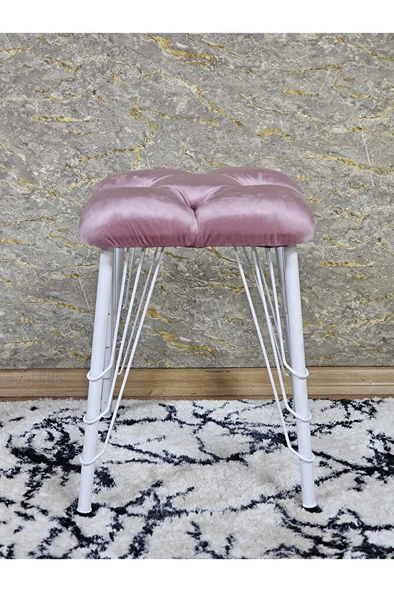 Kare Beyaz Boyalı Telli Ayaklı Tabure - Oturak - Bar Taburesi - Ayaklı Tabure Pembe Renk 33 x 48 Boyut/Ebat - 2