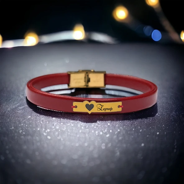 14 Ayar Altın Plakalı İsme Özel Kalp Figürlü Koyu Kırmızı Derili Hediye Bileklik-566 ürün görseli