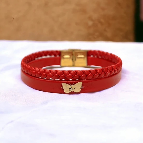 14 Ayar Altın Plakalı İsme Özel Kelebek Motifli Doğal Kırmızı Derili Hediye Bileklik-565 ürün görseli
