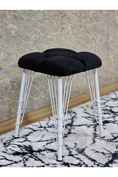 Kare Beyaz Boyalı Telli Ayaklı Tabure - Oturak - Bar Taburesi - Ayaklı Tabure Siyah Renk 33 x 48 Boyut/Ebat