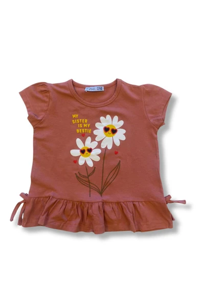 3'LüCute My Sister İs My Bestie Baskılı Papatya T-Shirt ( Pembe - Kırmızı - Somon ) - Resim 7
