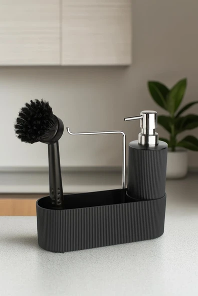 Siyah Çok Amaçlı Sabunluk Mutfak Lavabo Düzenleyici Set-Plastik Çizgili Sabunluk - Resim 4