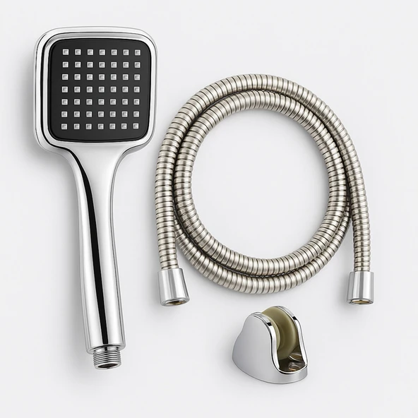 River Mafsallı Duş Seti 3 Parça Krom Gümüş El Duşu Hortumu ve Tutacağıyla Lüks Banyo Takımı - Resim 2