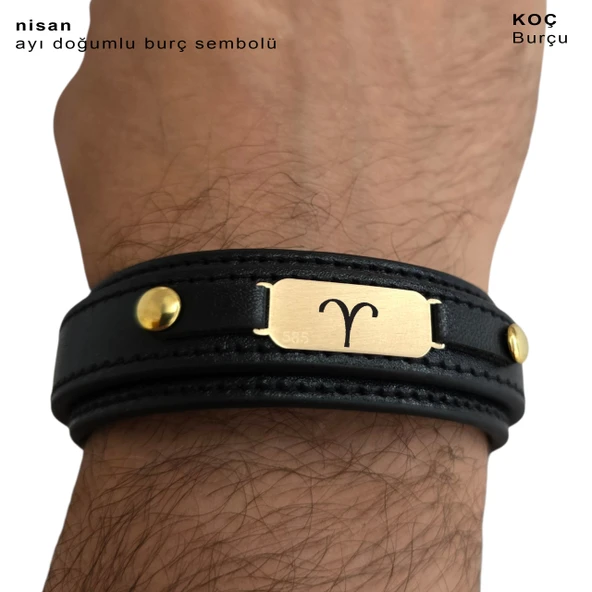 14 Ayar Altın Plakalı Doğum Ayına Özel Hakiki Siyah Derili Oval Figürlü Hediye Bileklik-564 - Resim 3