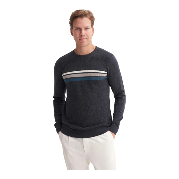 Soft Touch Slim Fit Basic Çizgi Baskılı Bisiklet Yaka Kazak - 7