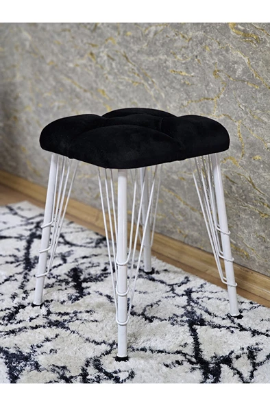 Kare Beyaz Boyalı Telli Ayaklı Tabure - Oturak - Bar Taburesi - Ayaklı Tabure Siyah Renk 33 x 48 Boyut/Ebat - 4