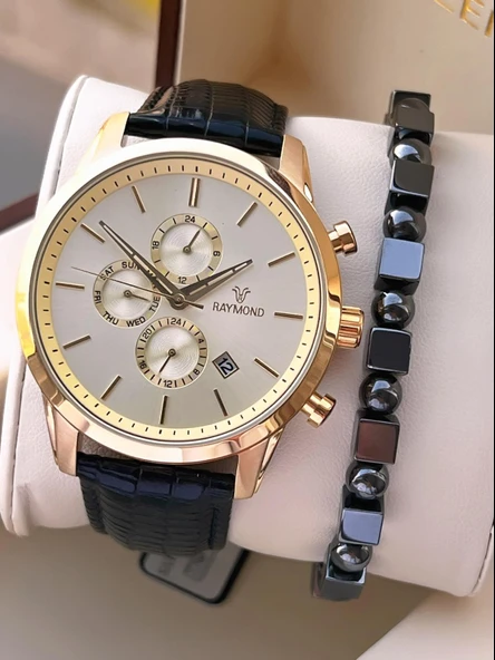 Raymond Nişan Ve Damatlara Özel Deri Kordon 2 Yıl Garantili 5 Atm Erkek Kol Saati+Bileklik RMD.42 ürün görseli
