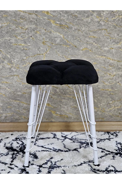 Kare Beyaz Boyalı Telli Ayaklı Tabure - Oturak - Bar Taburesi - Ayaklı Tabure Siyah Renk 33 x 48 Boyut/Ebat - 2