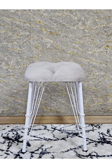 Kare Beyaz Boyalı Telli Ayaklı Tabure - Oturak - Bar Taburesi - Ayaklı Tabure Krem Renk 33 x 48 Boyut/Ebat - 2
