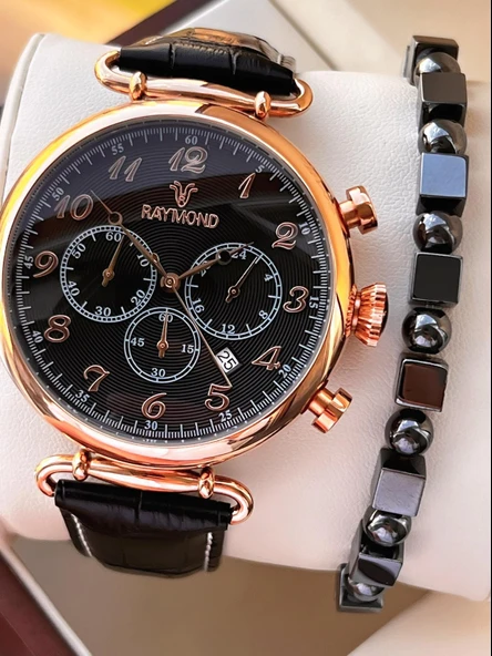 Raymond Nişan Ve Damatlara Özel Deri Kordon 2 Yıl Garantili 5 Atm Erkek Kol Saati+Bileklik RMD.40 ürün görseli 1