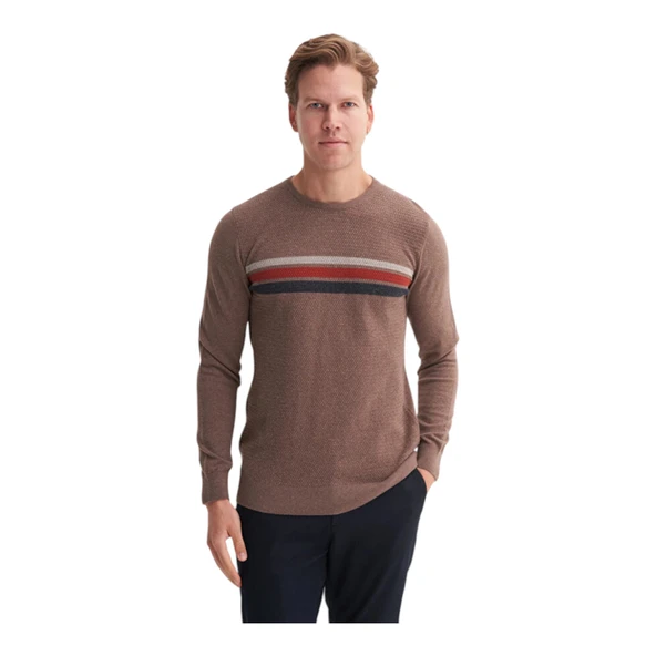 Soft Touch Slim Fit Basic Çizgi Baskılı Bisiklet Yaka Kazak - 1