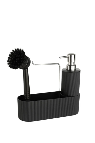 Siyah Çok Amaçlı Sabunluk Mutfak Lavabo Düzenleyici Set-Plastik Çizgili Sabunluk - Resim 3