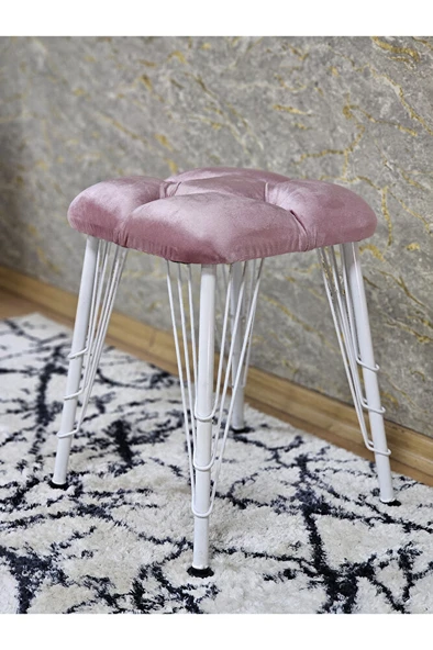 Kare Beyaz Boyalı Telli Ayaklı Tabure - Oturak - Bar Taburesi - Ayaklı Tabure Pembe Renk 33 x 48 Boyut/Ebat - 4