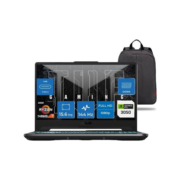 Tuf Gaming A15 FA506NCR Amd Ryzen 7 7435HS 16GB Ddr5 512GB SSD RTX3050 4gb 15.6" Fhd 144HZ Windows 11 Pro Taşınabilir Bilgisayar + Snertech Çanta ürün görseli