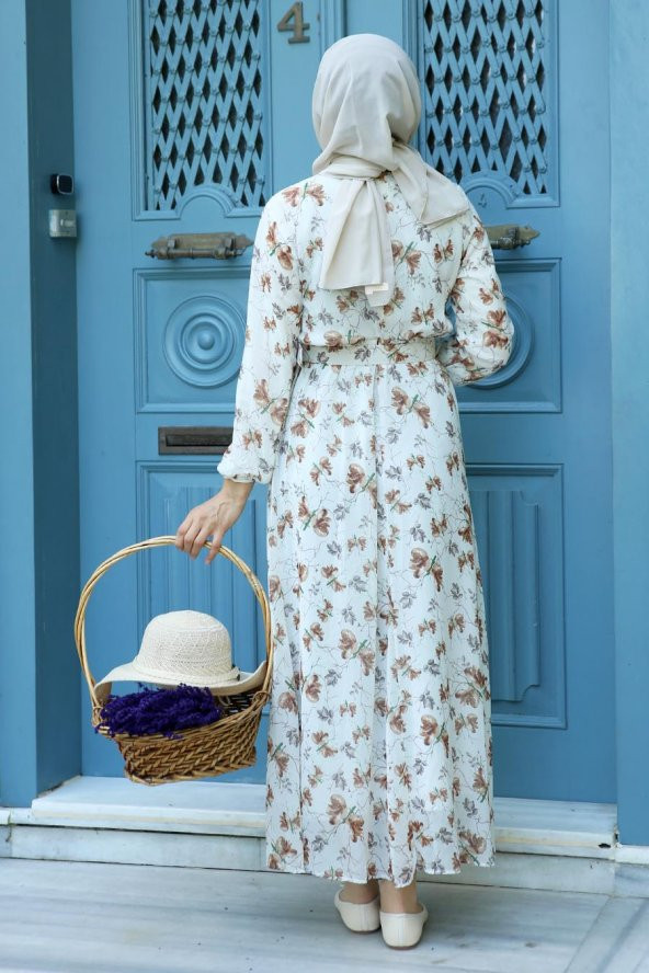 Çiçek Desenli Tesettür Elbise - Taba - Resim 3