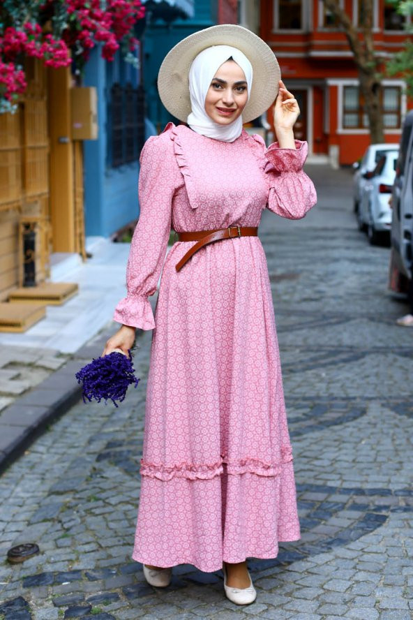 Fırfırlı Tesettür Elbise - Pembe - 1