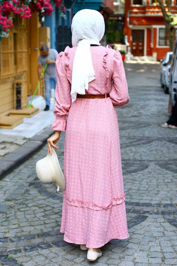 Fırfırlı Tesettür Elbise - Pembe - 3