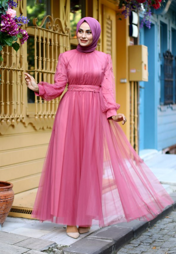 İnci Detaylı Tesettür Abiye Elbise - Pembe - 1