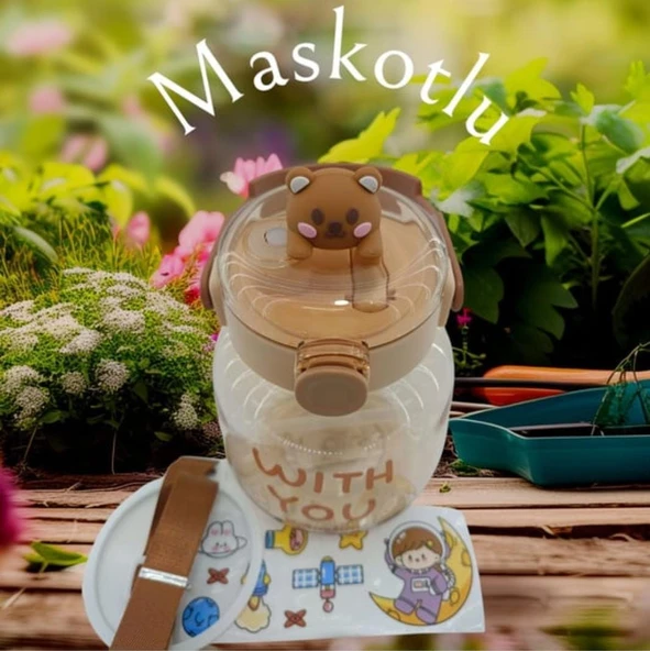 Maskotlu, Hediyeli, Boyun Askılıklı, İthal Lüx Kahverengi Matara/Suluk 1100 ML - 3