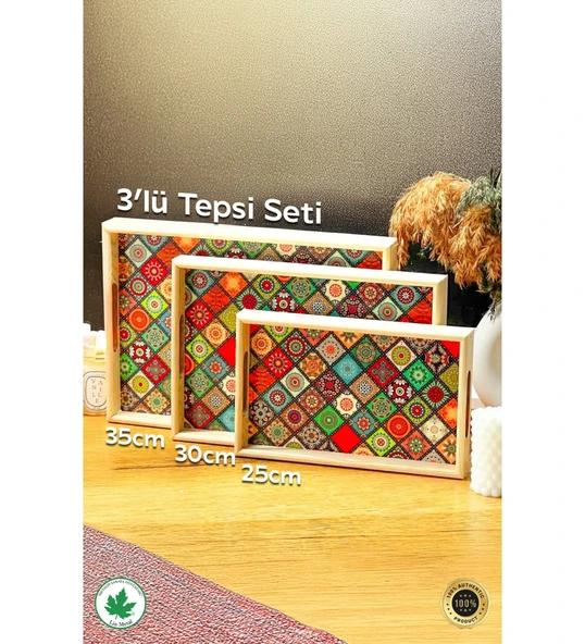 Tahta Desenli tepsiler 3'lü Set - 2